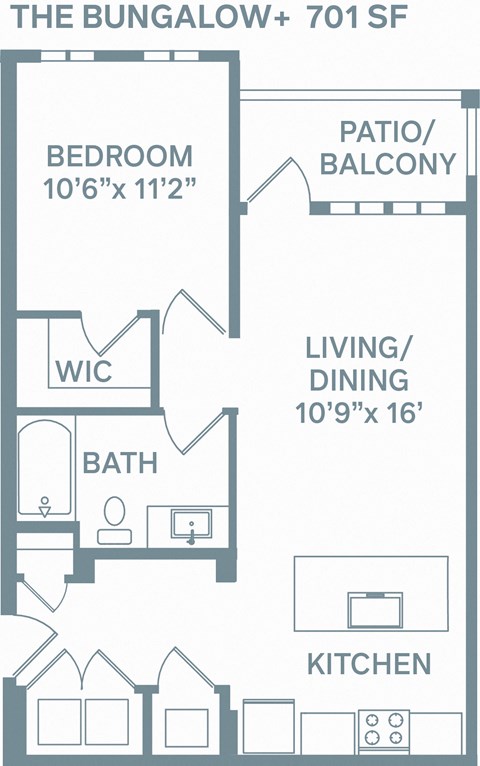 Floor plan for 1 bed, 1 bath, 701 sqft